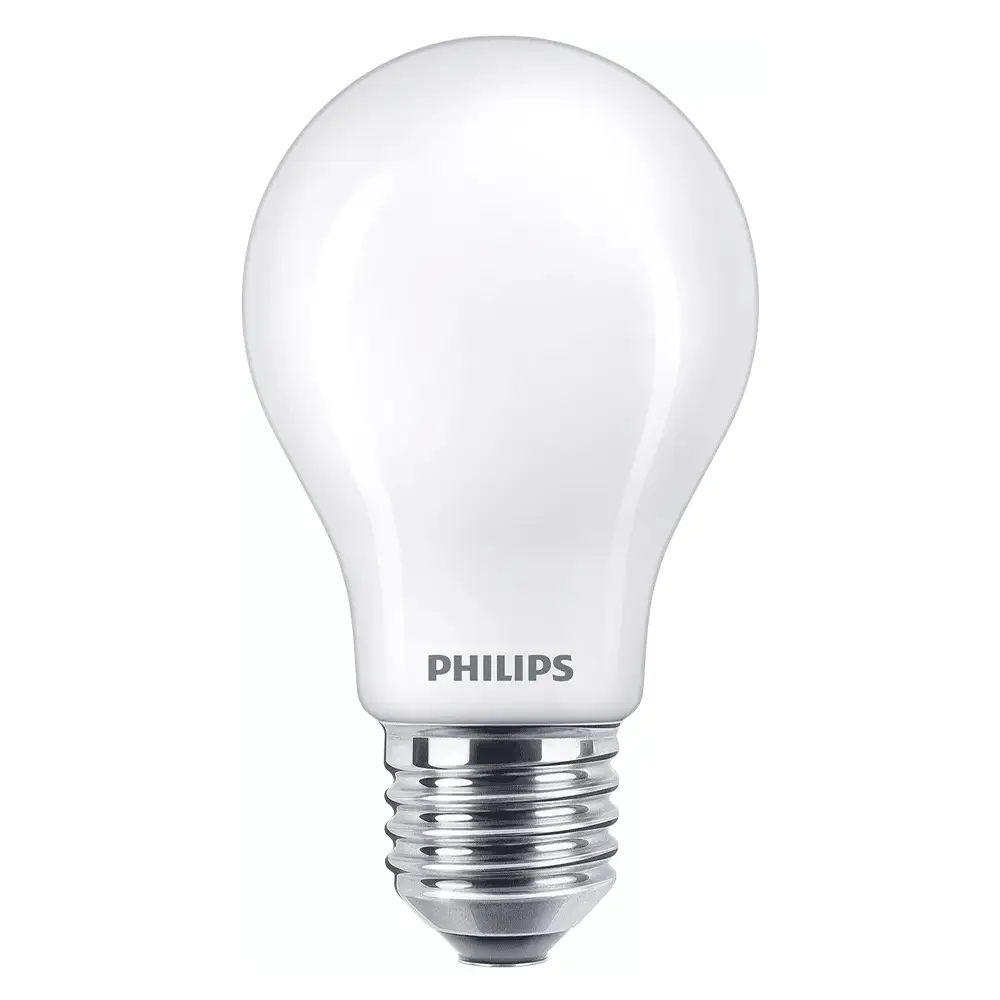 Bombilla estándar LED Philips 60W equivalente E27 2700K luz cálida mate no regulable vista frontal.