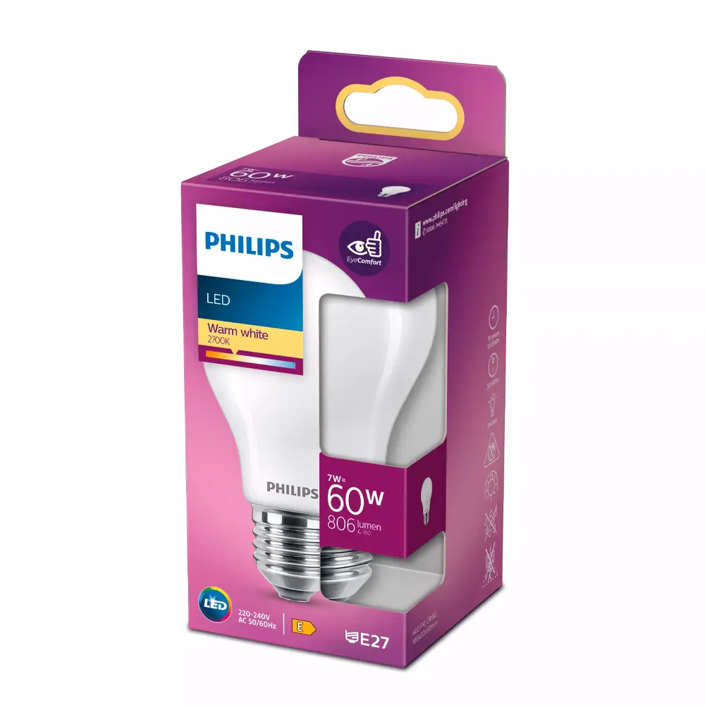 Caja de bombilla estándar LED Philips 60W equivalente E27 2700K luz cálida mate no regulable.