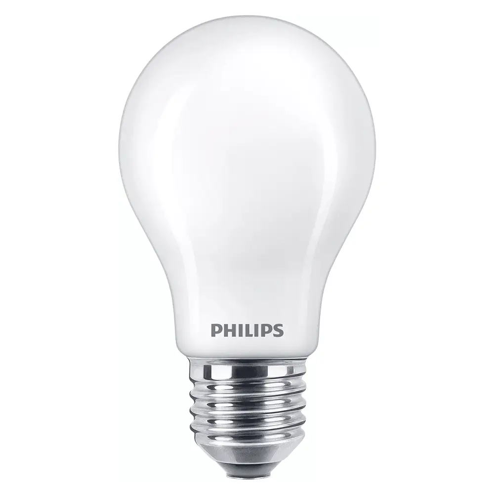 Bombilla estándar LED Philips 75W equivalente E27 2700K luz cálida mate no regulable vista frontal.