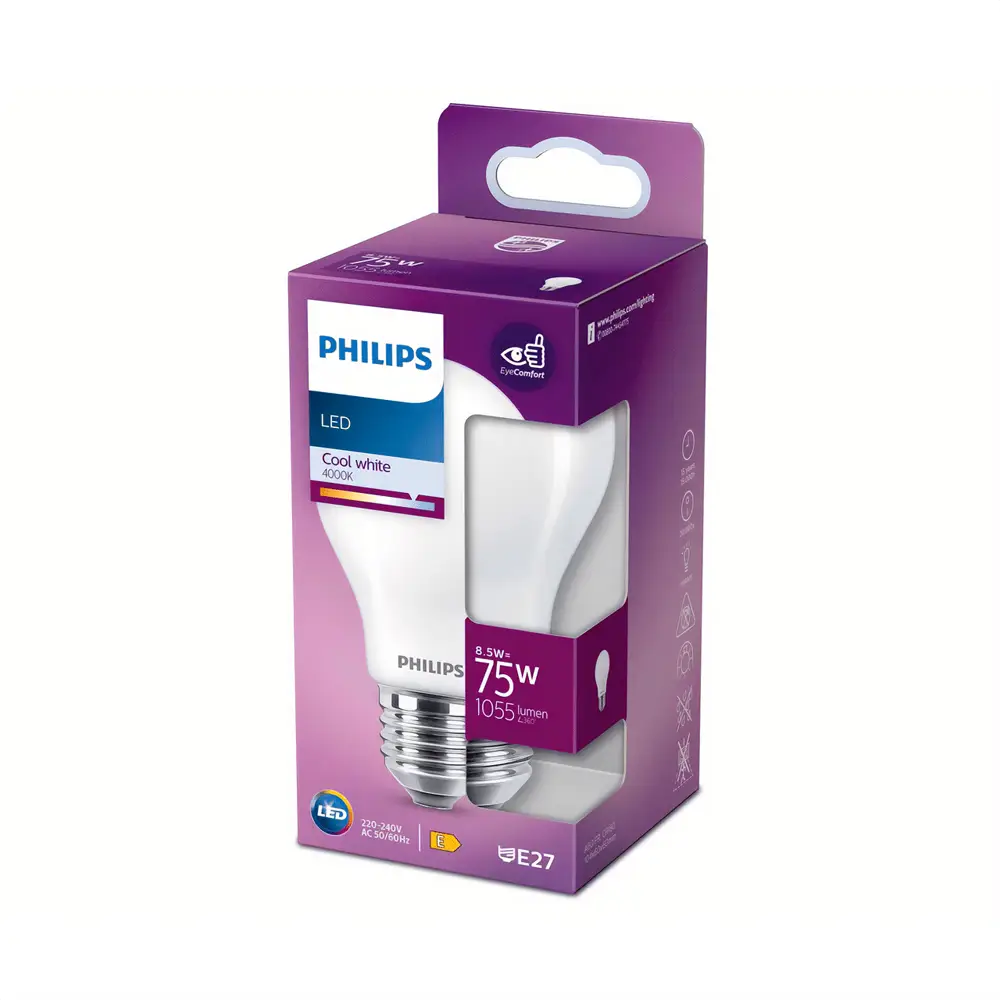 Caja de bombilla estándar LED Philips 75W equivalente E27 4000K luz fría mate no regulable.