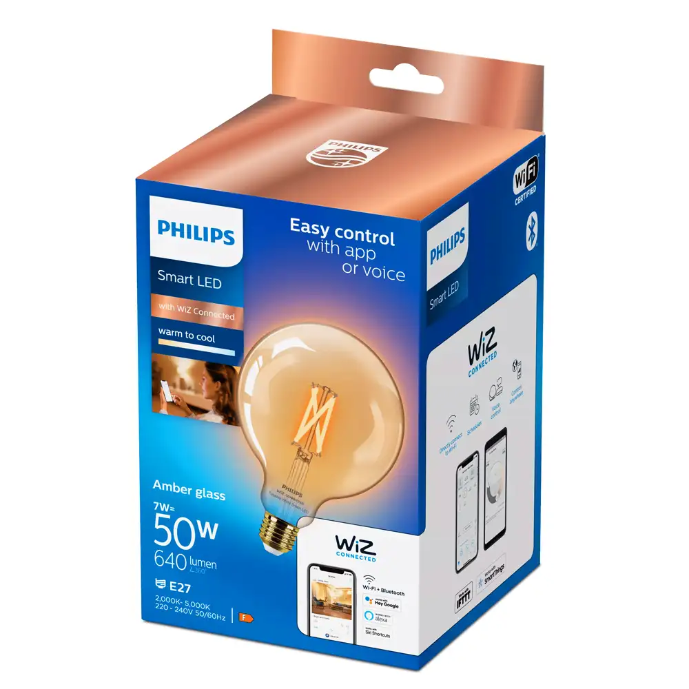 Bombilla globo G125 Philips WiZ E27 7W 2000K-5000K ámbar con caja original.