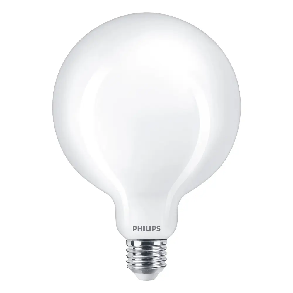 Bombilla globo LED Philips 120W equivalente G120 E27 2700K luz cálida mate no regulable vista frontal.