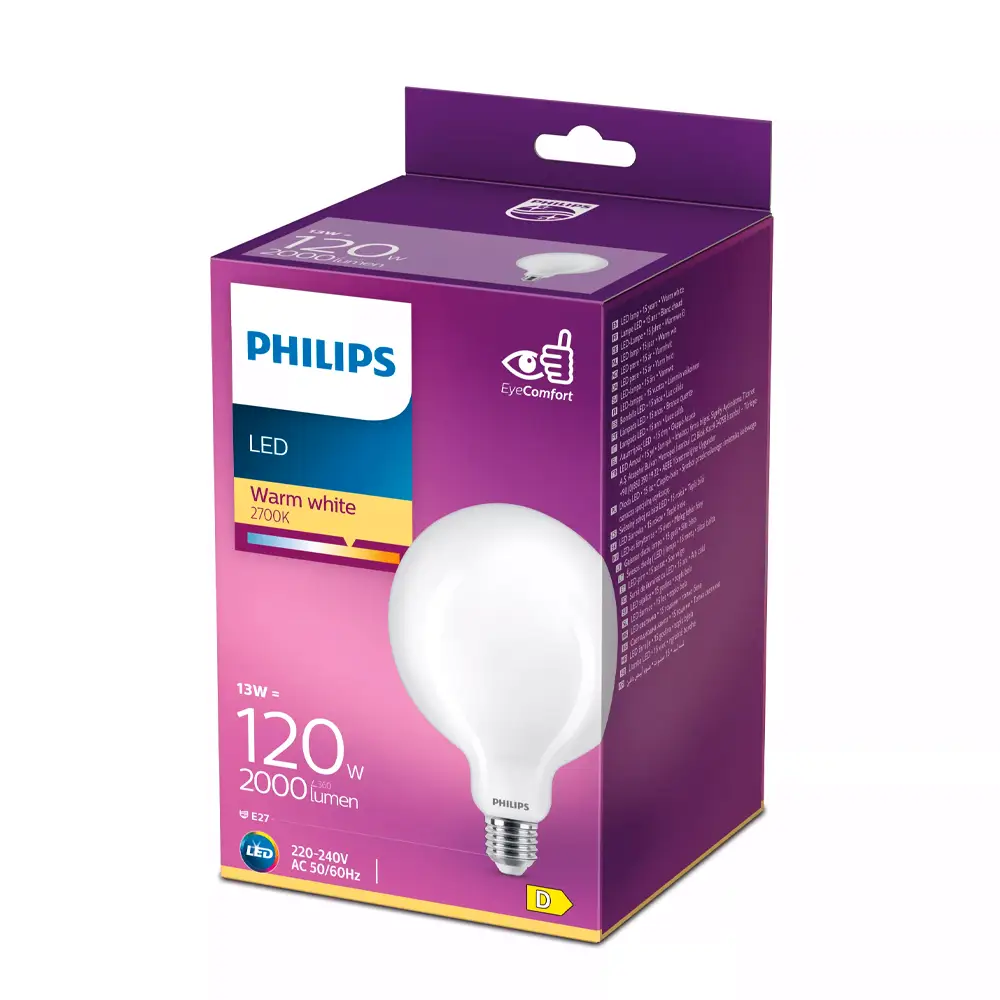 Caja de bombilla globo LED Philips 120W equivalente G120 E27 2700K luz cálida mate no regulable.