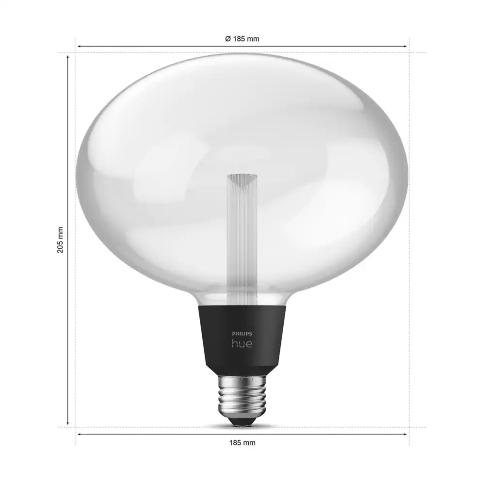 Bombilla globo Philips Hue White and Color E27 con dimensiones indicadas.