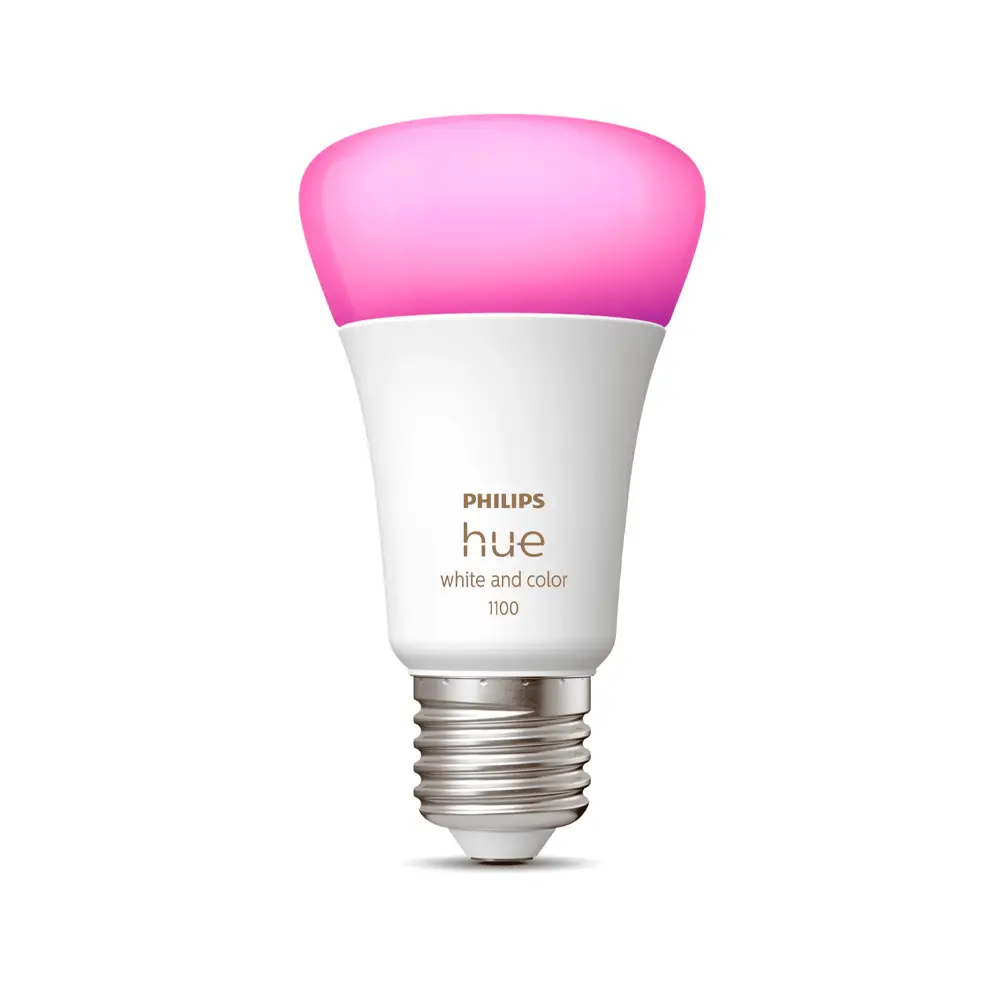 Bombilla LED Philips Hue White & Color A60 11W E27 mostrando iluminación en color rosa.