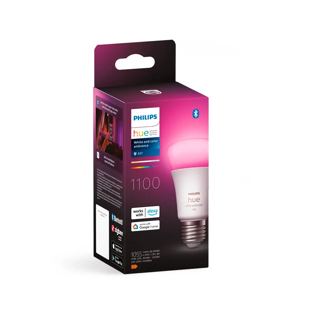 Caja de bombilla Philips Hue White & Color A60 11W E27 1100 lúmenes.