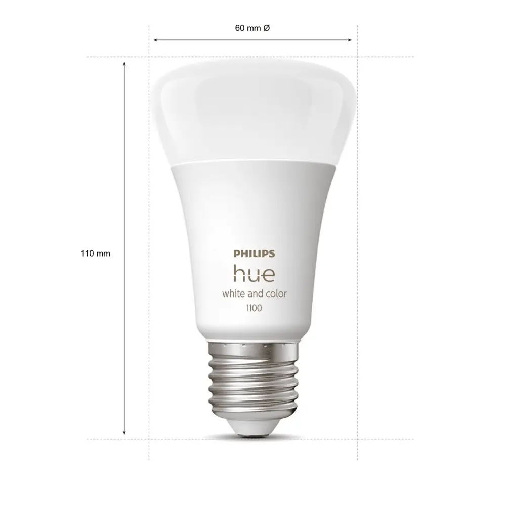 Bombilla LED Philips Hue White & Color A60 11W E27 con dimensiones indicadas.
