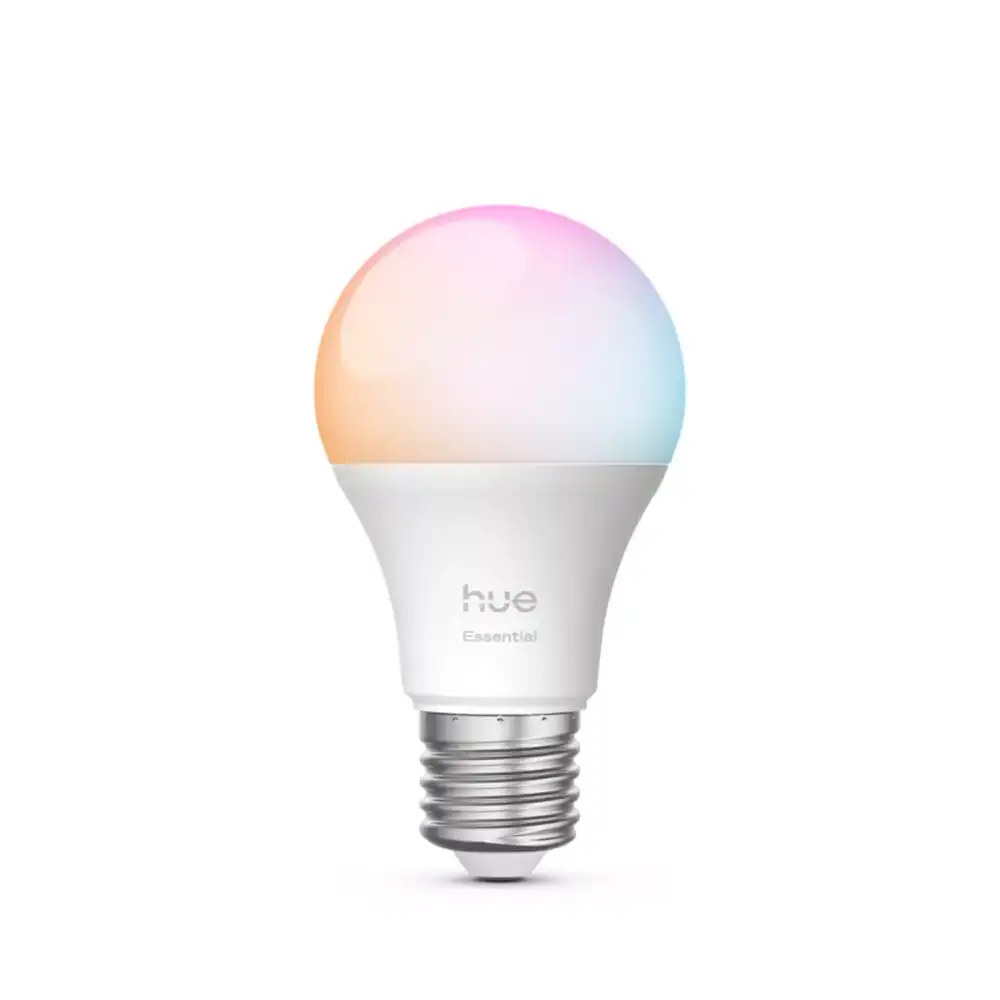 Bombilla LED Philips Hue White & Color A60 8W E27 mostrando iluminación multicolor RGB.