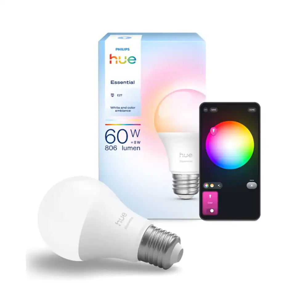 Pack bombilla Philips Hue White & Color A60 8W E27 con caja y control desde app móvil.
