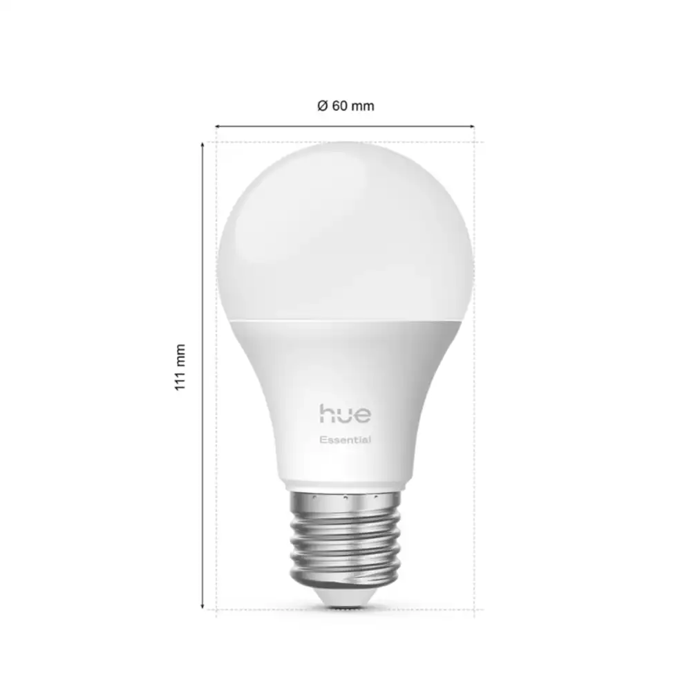 Bombilla LED Philips Hue White & Color A60 8W E27 con dimensiones indicadas.