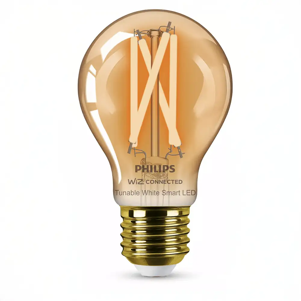 Bombilla LED A60 Philips WiZ 7W E27 2000K-5000K ámbar encendida con filamento visible.