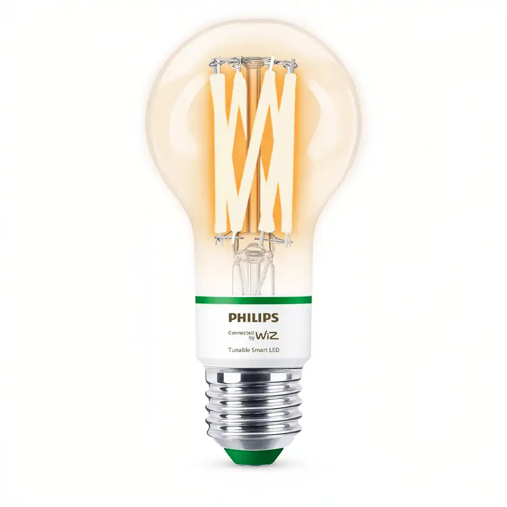 Bombilla LED A60 Philips WiZ 4,3W E27 clara 2700K-4000K con filamento visible.