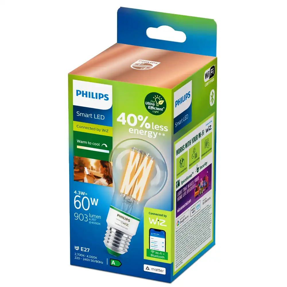 Bombilla LED A60 Philips WiZ 4,3W E27 clara 2700K-4000K con caja original.
