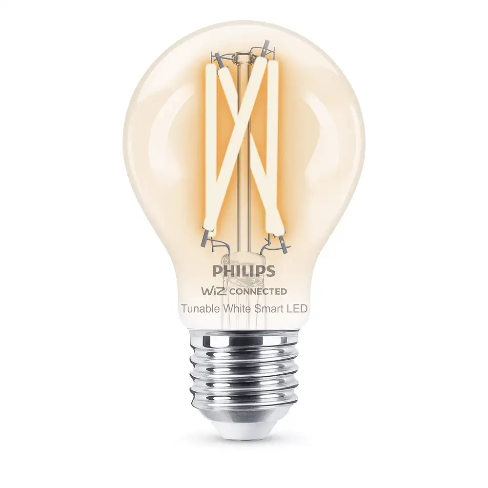 Bombilla LED A60 Philips WiZ 7W E27 clara 2700K-6500K con filamento visible.