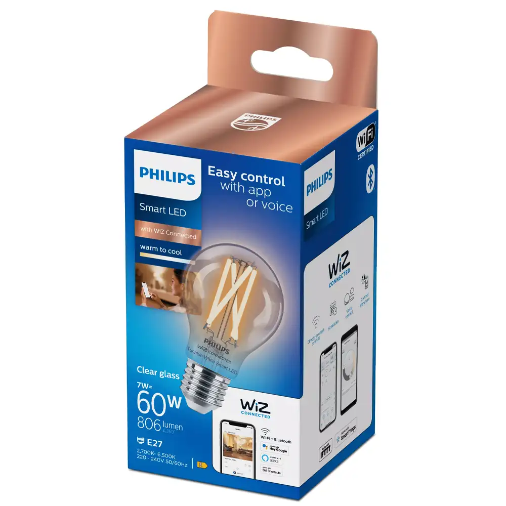 Bombilla LED A60 Philips WiZ 7W E27 clara 2700K-6500K con caja original.