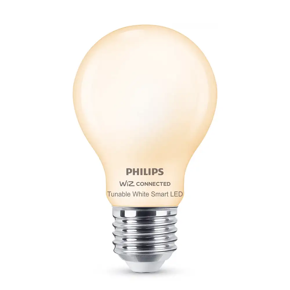 Bombilla LED A60 Philips WiZ 7W E27 mate 2700K-6500K encendida luz cálida.