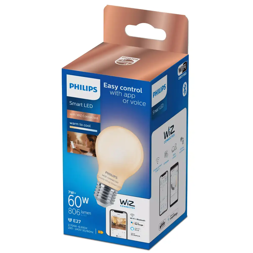 Bombilla LED A60 Philips WiZ 7W E27 mate 2700K-6500K con caja original.