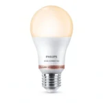 Bombilla LED A60 Philips WiZ 8W E27 mate 2700K-6500K encendida luz cálida.
