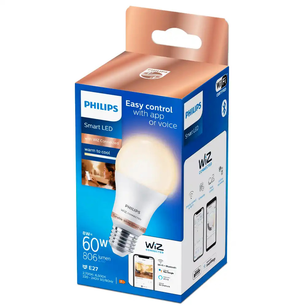 Bombilla LED A60 Philips WiZ 8W E27 mate 2700K-6500K con caja original.