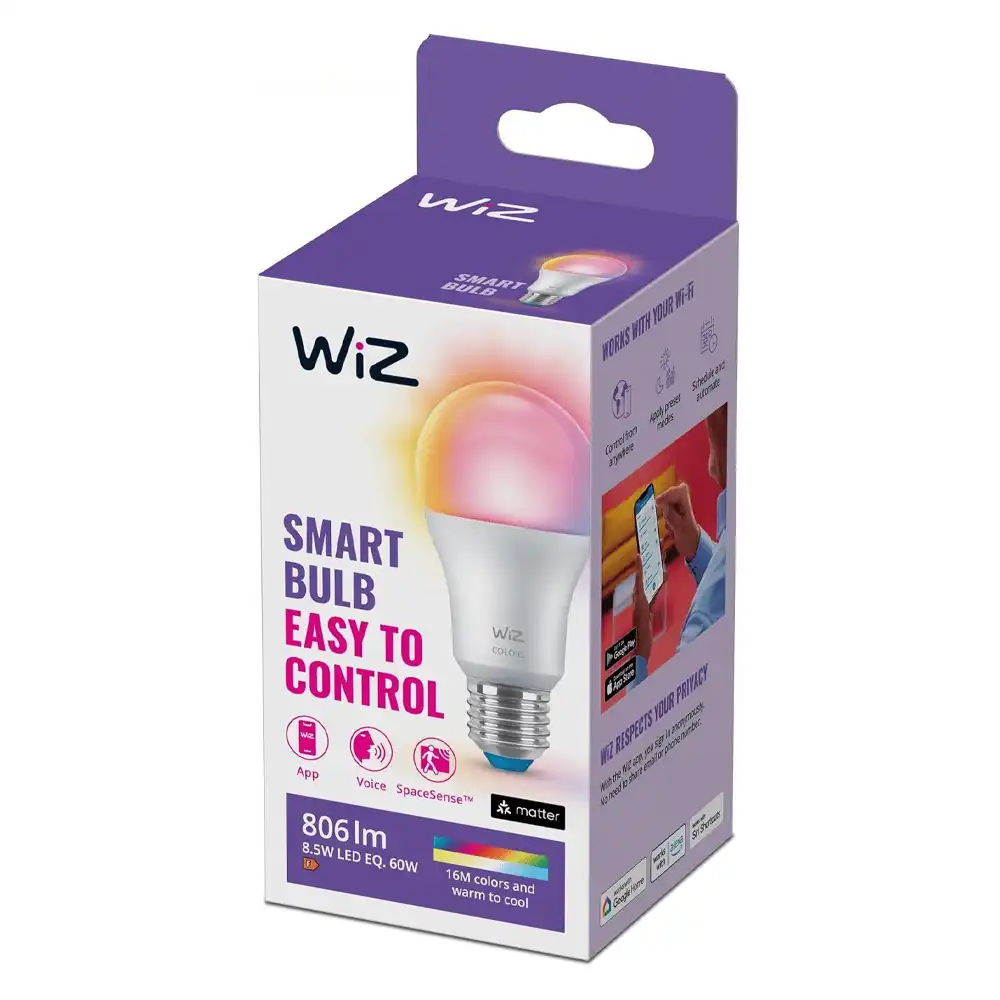 Bombilla LED A60 Philips WiZ RGB 8W E27 2200K-6500K mate con caja original.