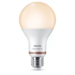 Bombilla LED A67 Philips WiZ 13W E27 2700K-6500K mate encendida en luz cálida.