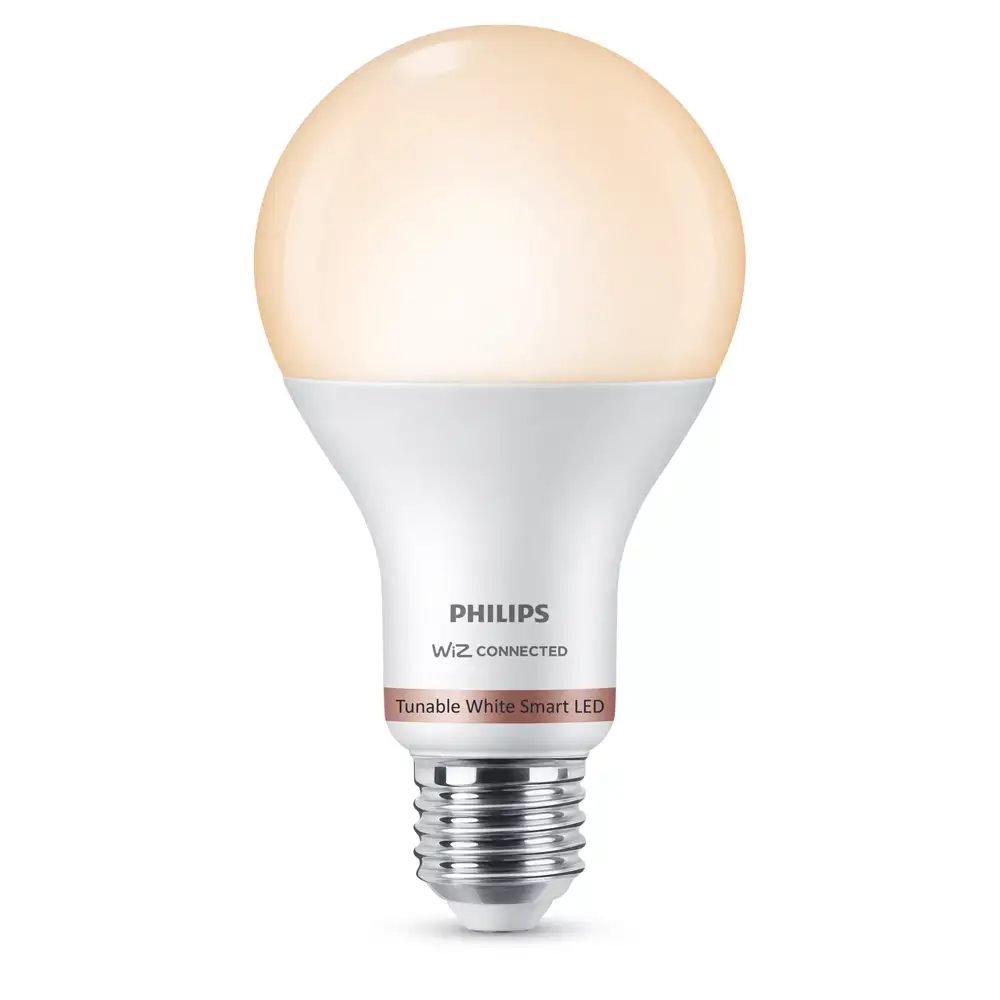 Bombilla LED A67 Philips WiZ 13W E27 2700K-6500K mate encendida en luz cálida.