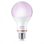 Bombilla LED A67 Philips WiZ 13W E27 RGB 2200K-6500K mate encendida en color violeta.