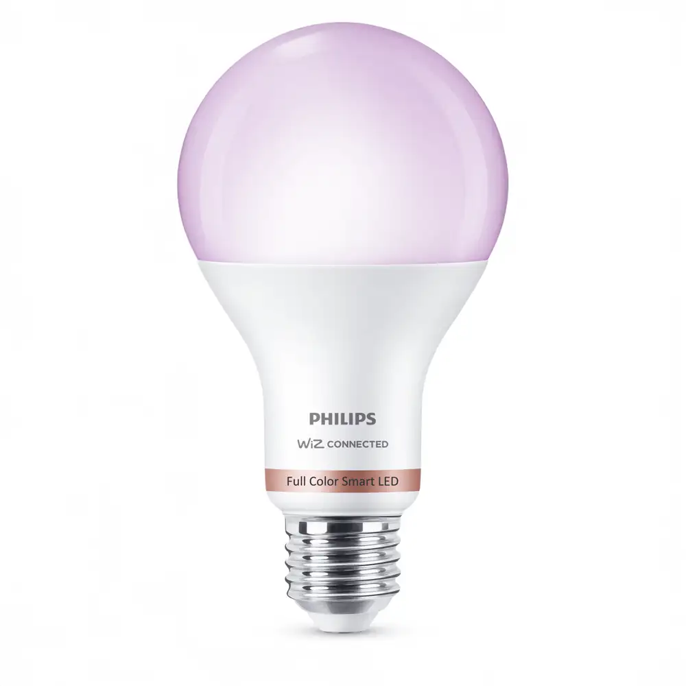 Bombilla LED A67 Philips WiZ 13W E27 RGB 2200K-6500K mate encendida en color violeta.