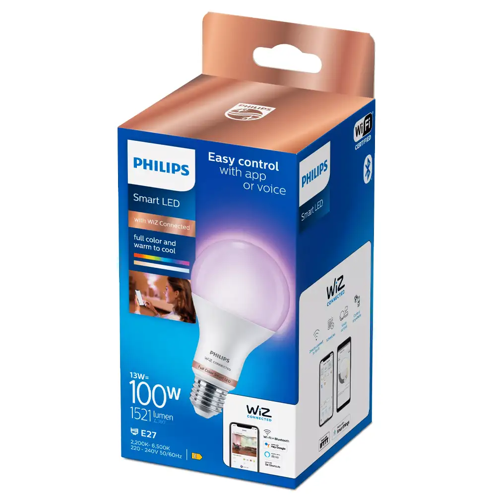 Bombilla LED A67 Philips WiZ 13W E27 RGB 2200K-6500K mate con caja original.