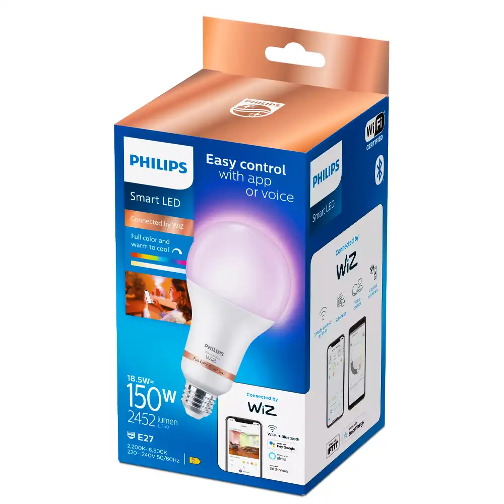 Bombilla LED A80 Philips WiZ RGB 18,5W E27 2200K-6500K mate con caja original.