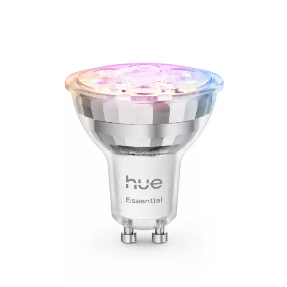 Bombilla LED Philips Hue White & Color GU10 4,7W mostrando iluminación en colores RGB.