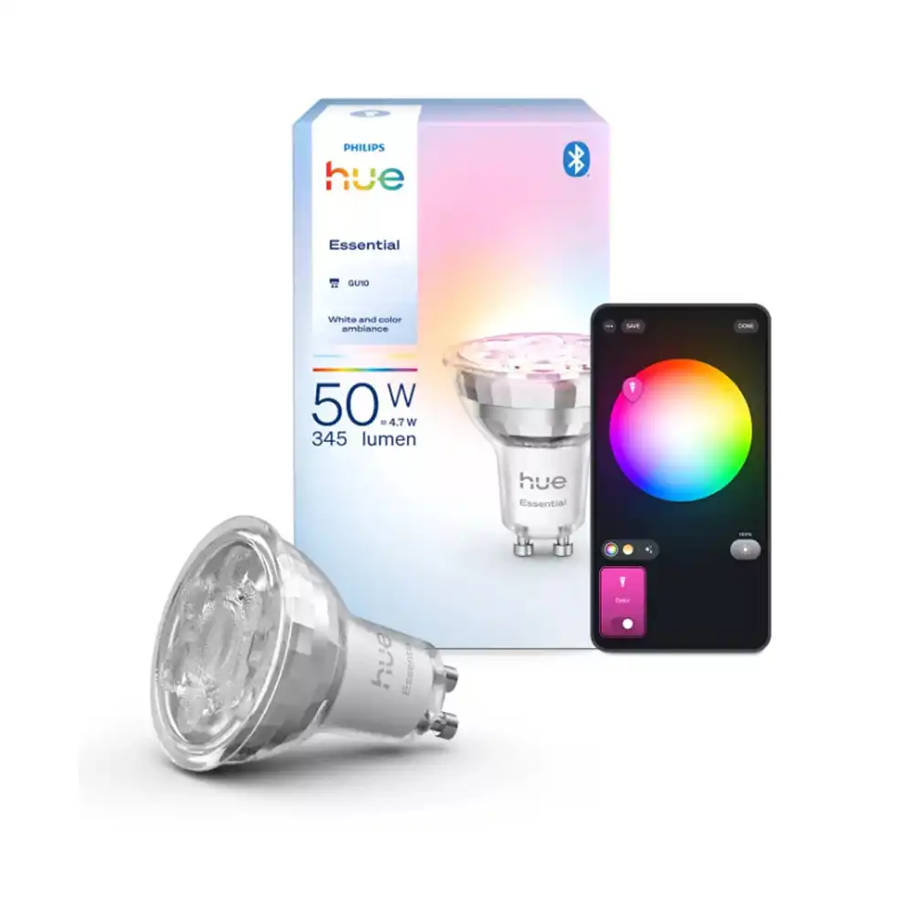 Pack bombilla Philips Hue White & Color GU10 4,7W con caja y control desde app móvil.