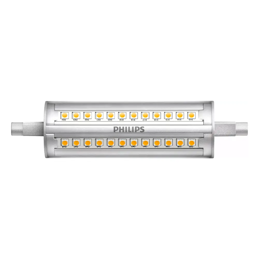 Bombilla lineal LED Philips R7s 120W equivalente 118mm 4000K luz fría regulable vista frontal.