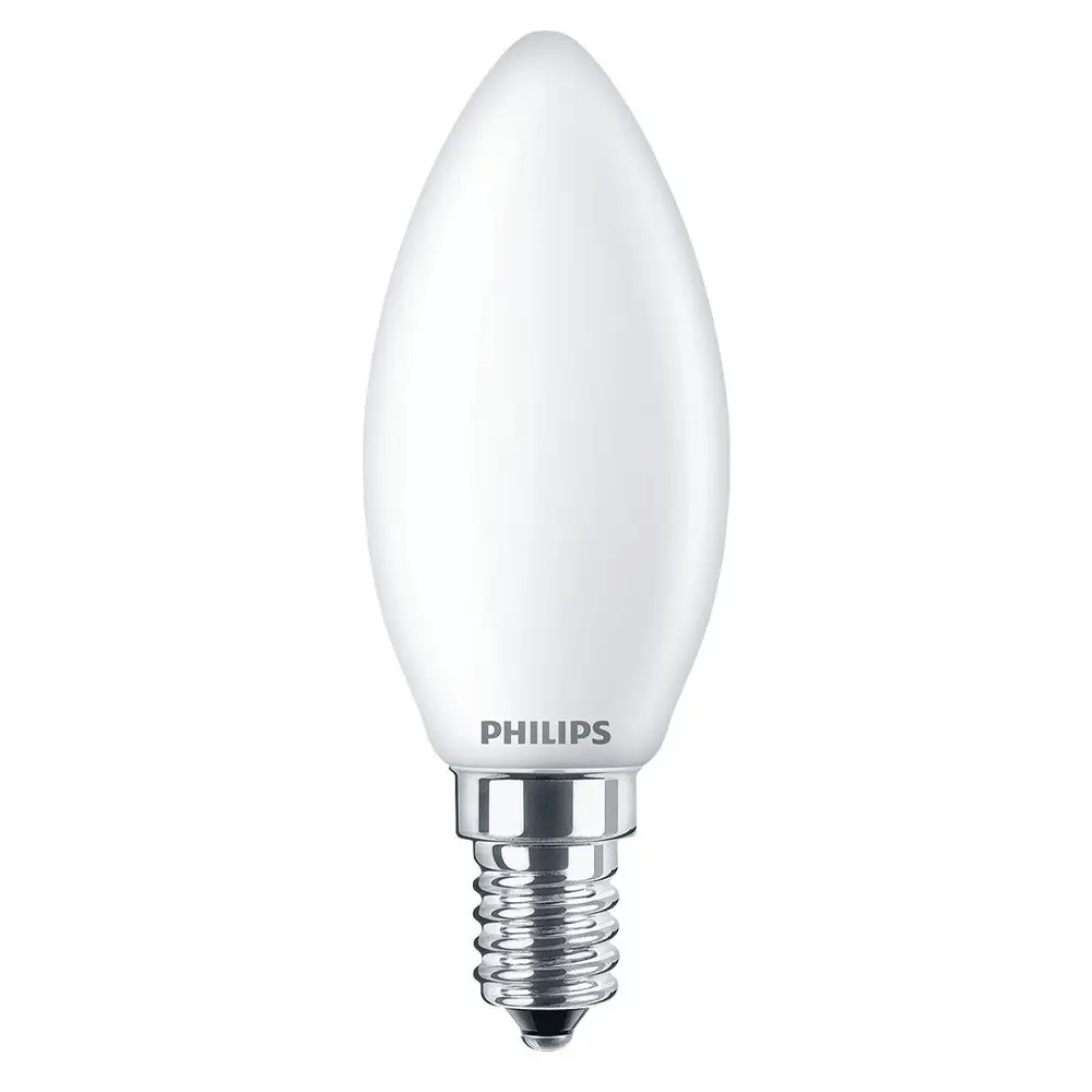 Bombilla vela LED 40W equivalente E14 2700K luz cálida mate no regulable Philips.