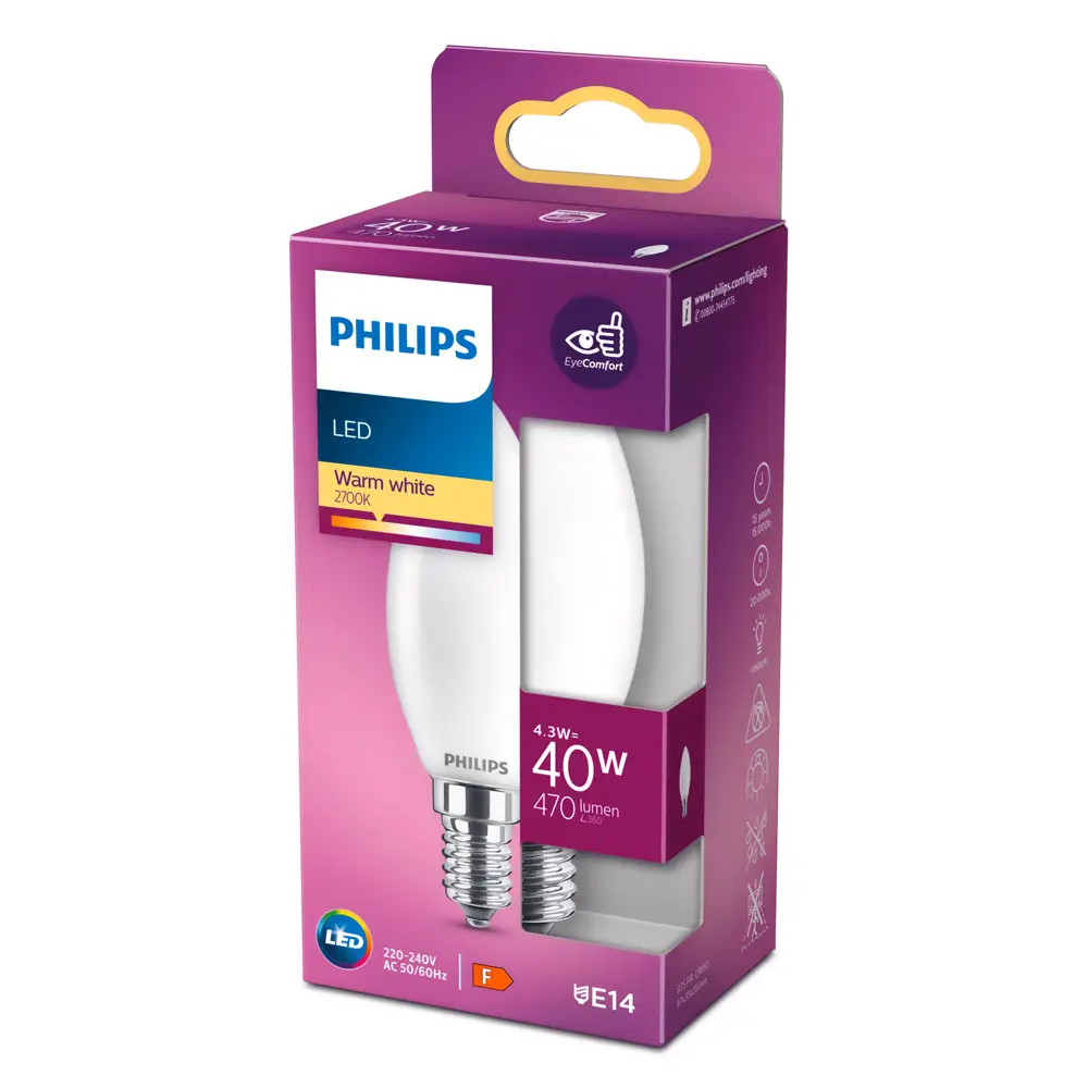 Bombilla vela LED 40W equivalente E14 2700K luz cálida mate no regulable Philips con caja.