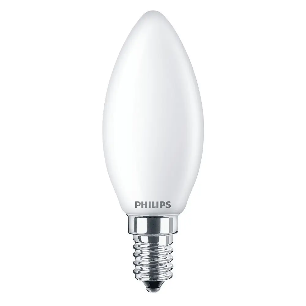 Bombilla vela LED 60W equivalente E14 2700K luz cálida mate no regulable Philips.