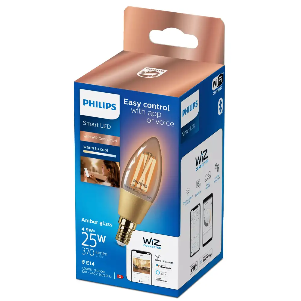 Bombilla vela LED E14 Philips WiZ 2000K-5000K 4,9W ámbar con caja original.