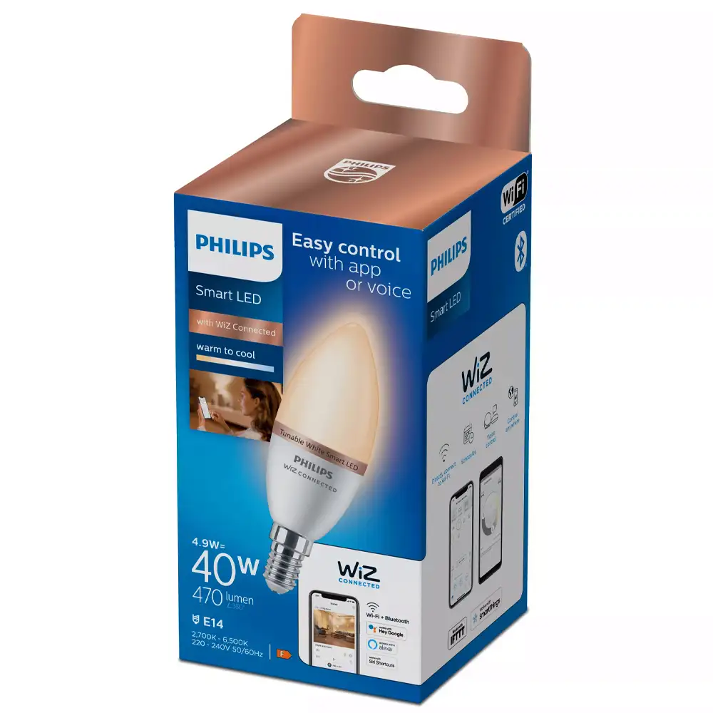 Bombilla vela LED E14 Philips WiZ 2700K-6500K 4,9W mate con caja original.