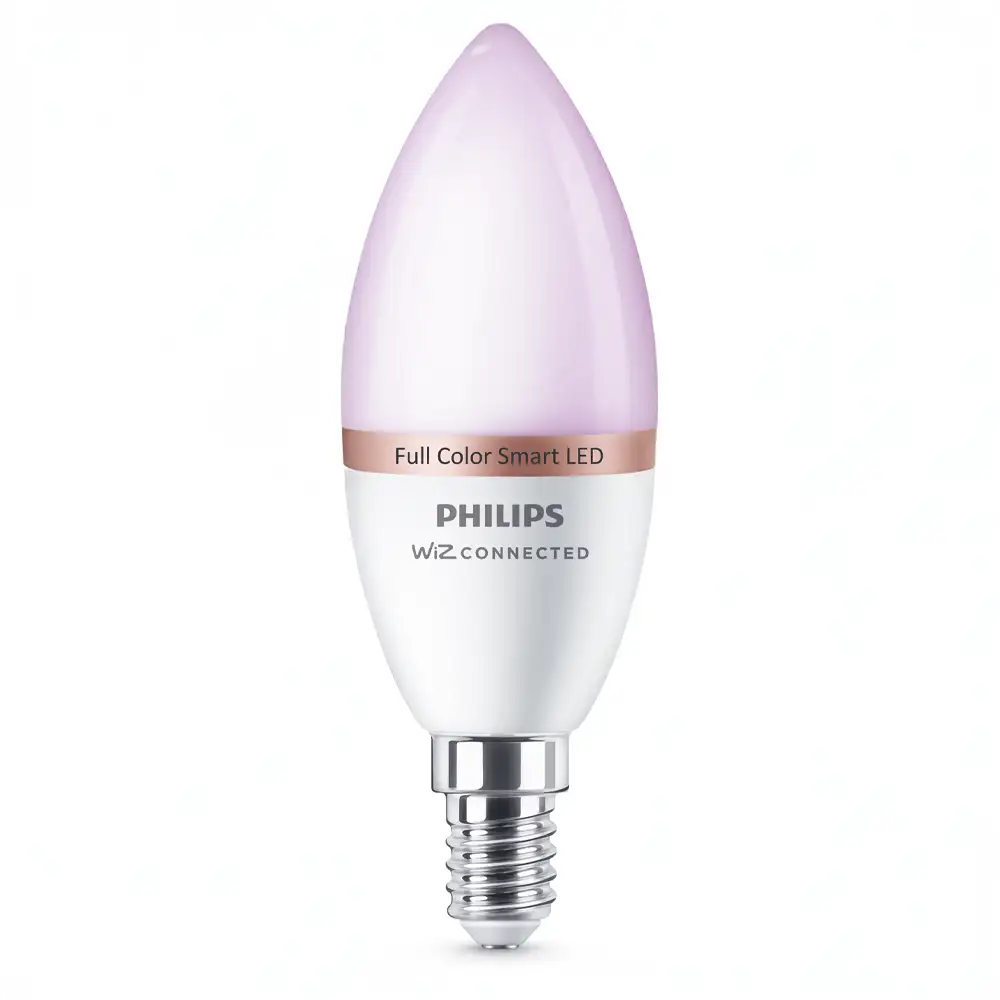 Bombilla vela LED E14 Philips WiZ RGB 4,9W 2200K-6500K acabado mate.
