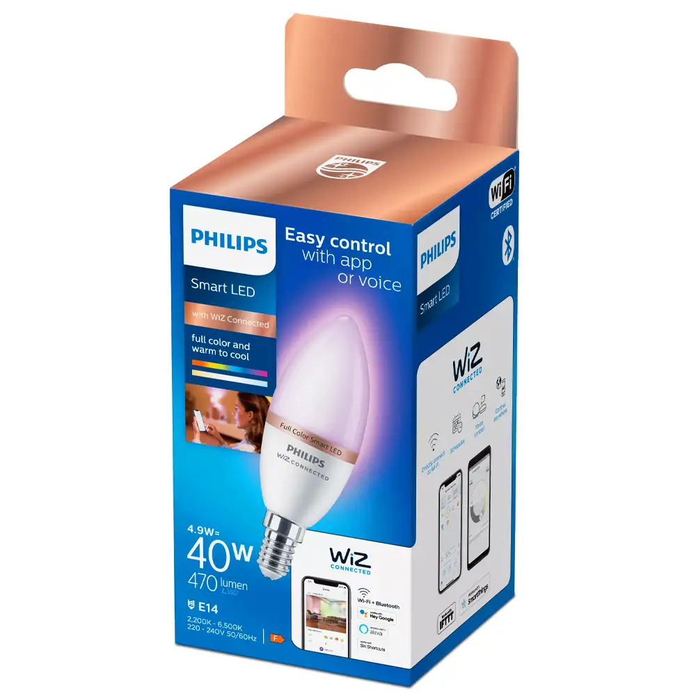 Bombilla vela LED E14 Philips WiZ RGB 2200K-6500K 4,9W mate con caja original.