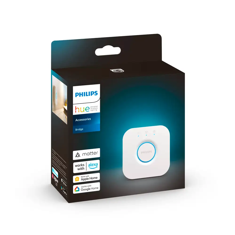 Caja del Bridge para sistema Philips Hue compatible con iluminación inteligente.
