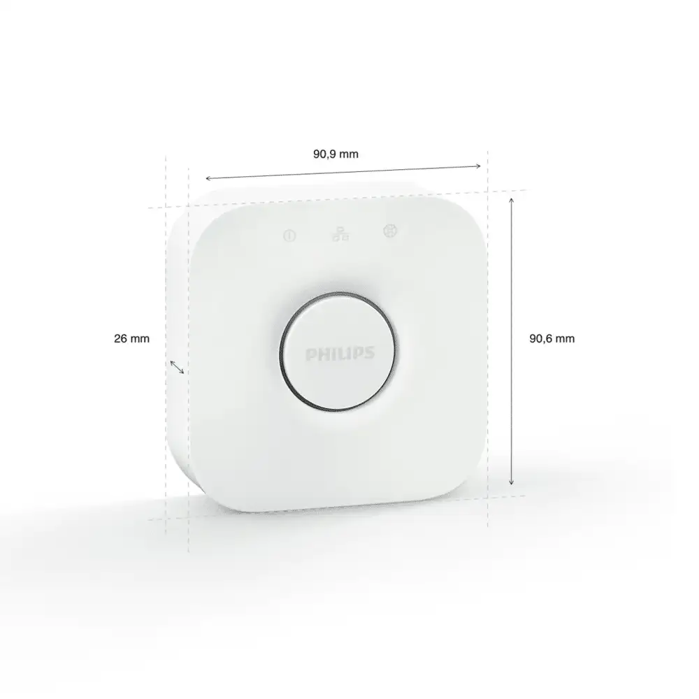 Bridge para sistema Philips Hue con medidas técnicas.