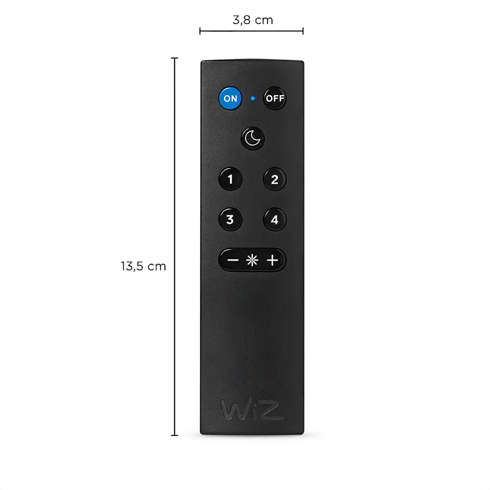 Control remoto para sistema WiZ Philips con medidas técnicas.