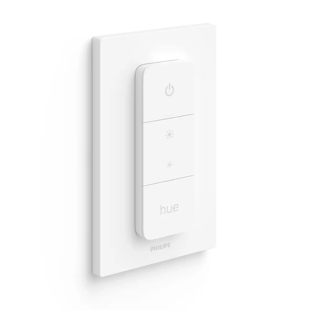 Vista frontal del Interruptor Dimmer Switch Philips Hue instalado en pared.
