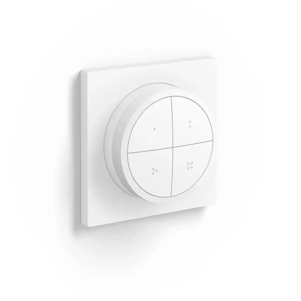 Vista frontal del Interruptor Tap Switch blanco Philips Hue instalado en pared.