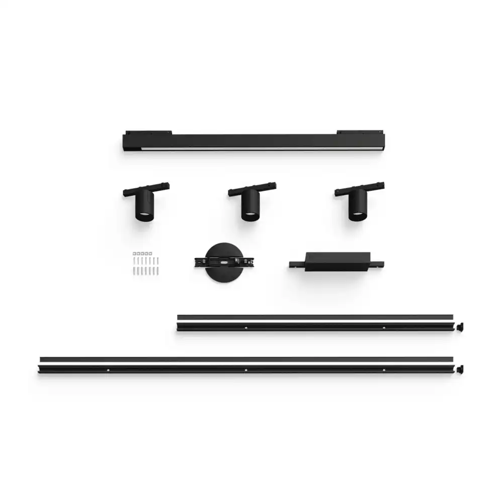 Kit Perifo Philips Hue negro con 3 focos y barra de luz White and Color con accesorios incluidos.