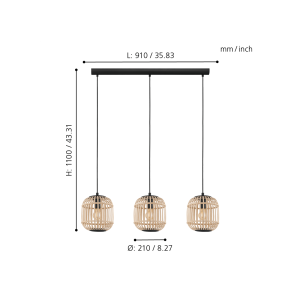 Lámpara Colgante BORDESLEY de Techo con 3 Pantallas de Bambú E27 IP20 – Eglo - Imagen 3