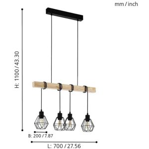 Lámpara Colgante Vintage TOWNSHEND 5 de Madera con 4 Luces E27 – Eglo - Imagen 2