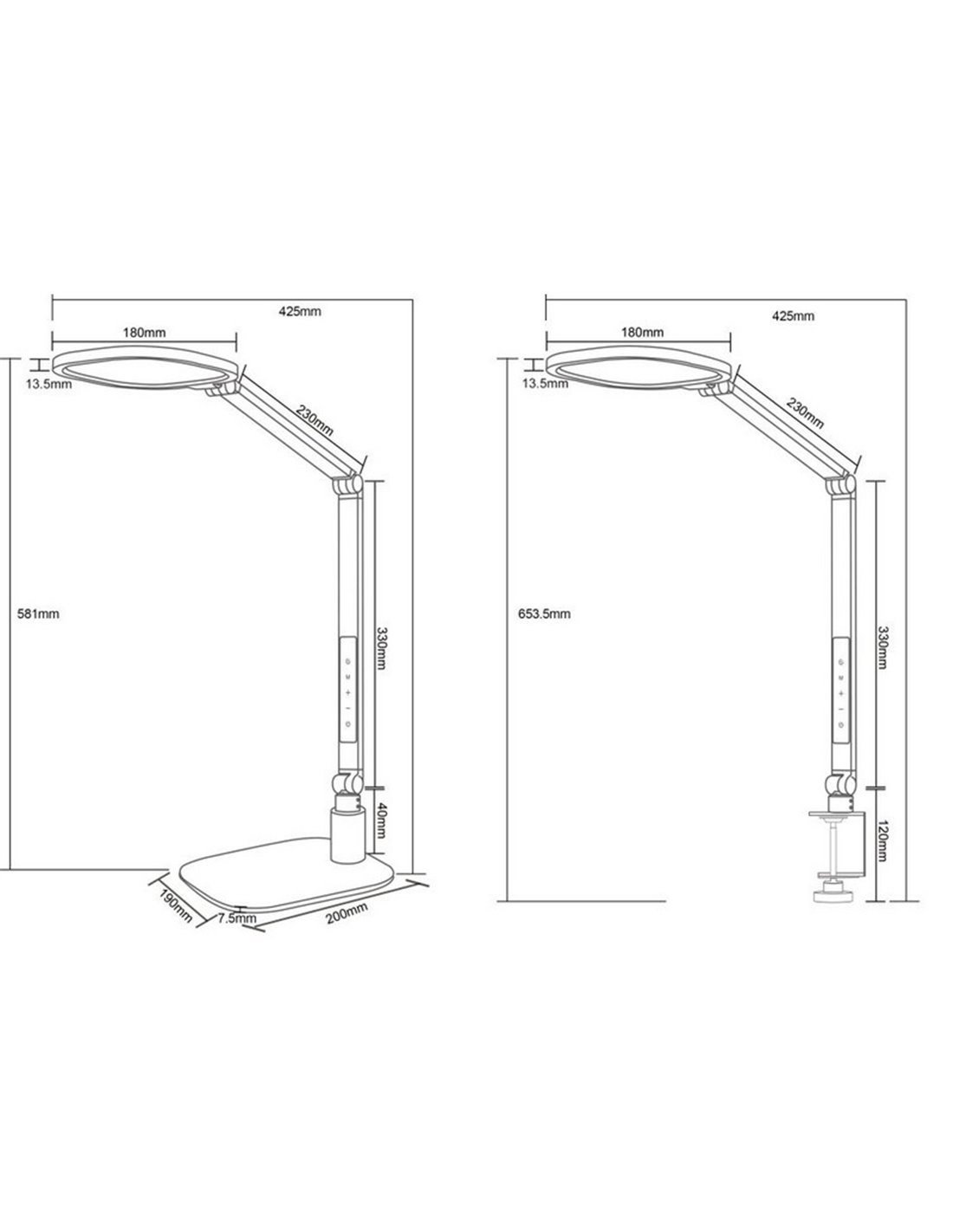 Lámpara de mesa LED Servo 13.5W 1400lm regulable blanco Trio Lighting esquema técnico con medidas