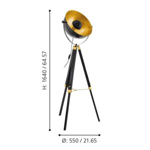 Lámpara de Pie Industrial COVALEDA en Negro y Dorado con Trípode E27 – Eglo - Imagen 3